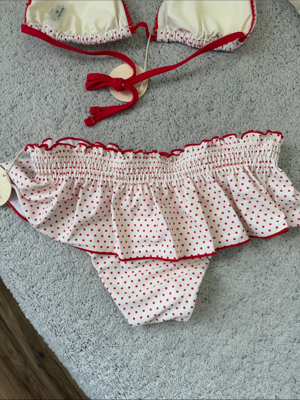 Red Polka Dot Bikini Set with Ruffled Skirt Detail - Picture 4 of 6